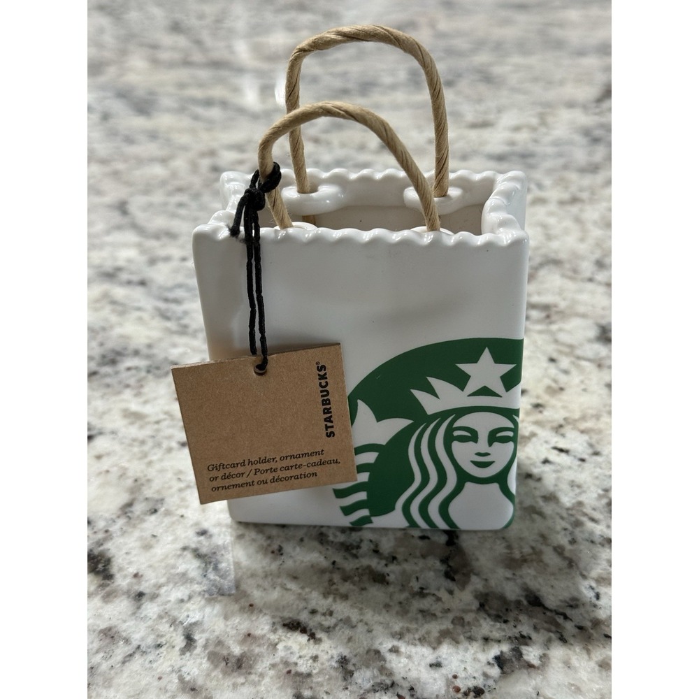 Starbucks White Tote Siren Shopping Bag Ceramic Ornament Gift Relief Holder 2018